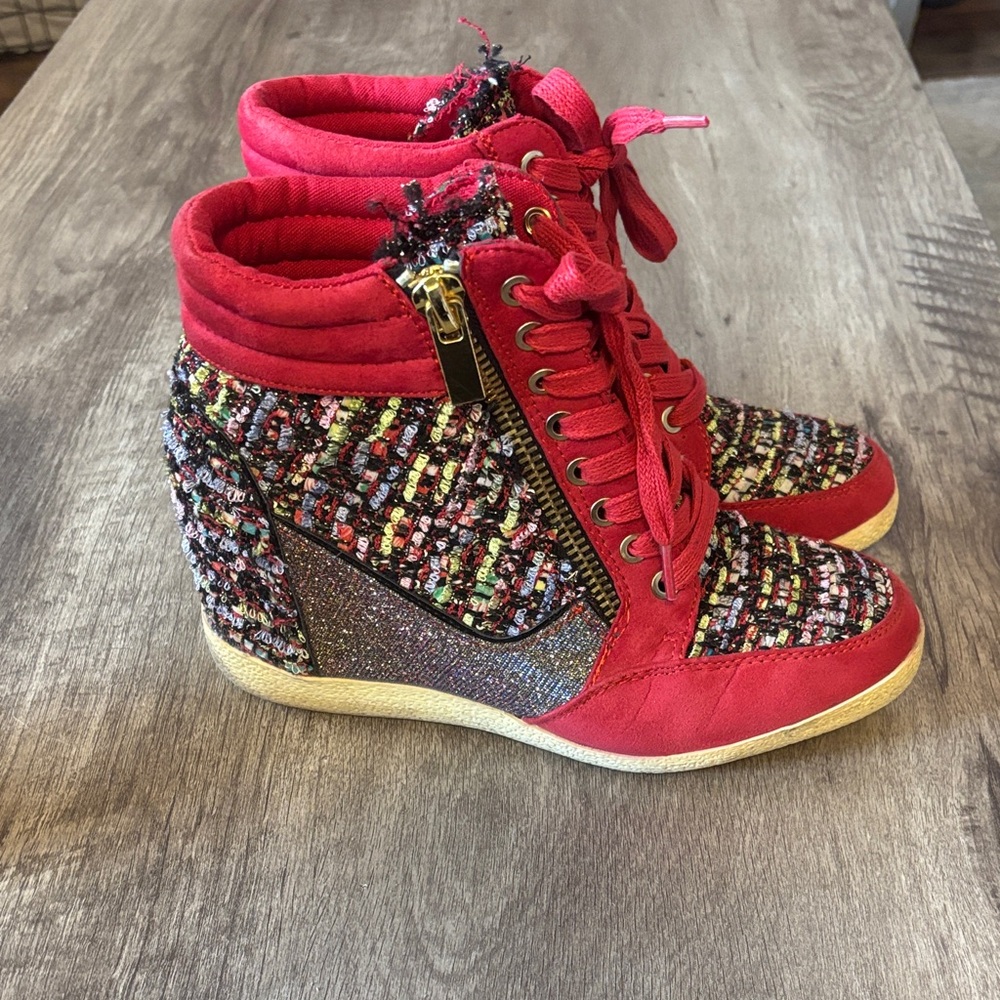 Bamboo Bethany Stylish Red Tweed High-Top Wedge Sneakers